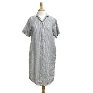 MUJI 100% Linen Nautical Stripe Shirt Dress Pockets Blue White size Medium/Large